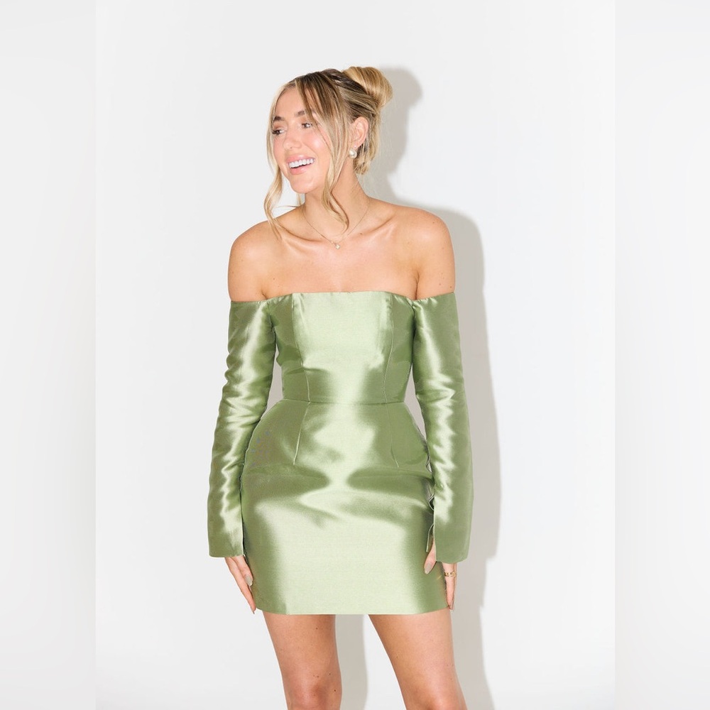 Odd Muse Satin Olive Green The Ultimate Muse Off Shoulder Skater Mini Dress